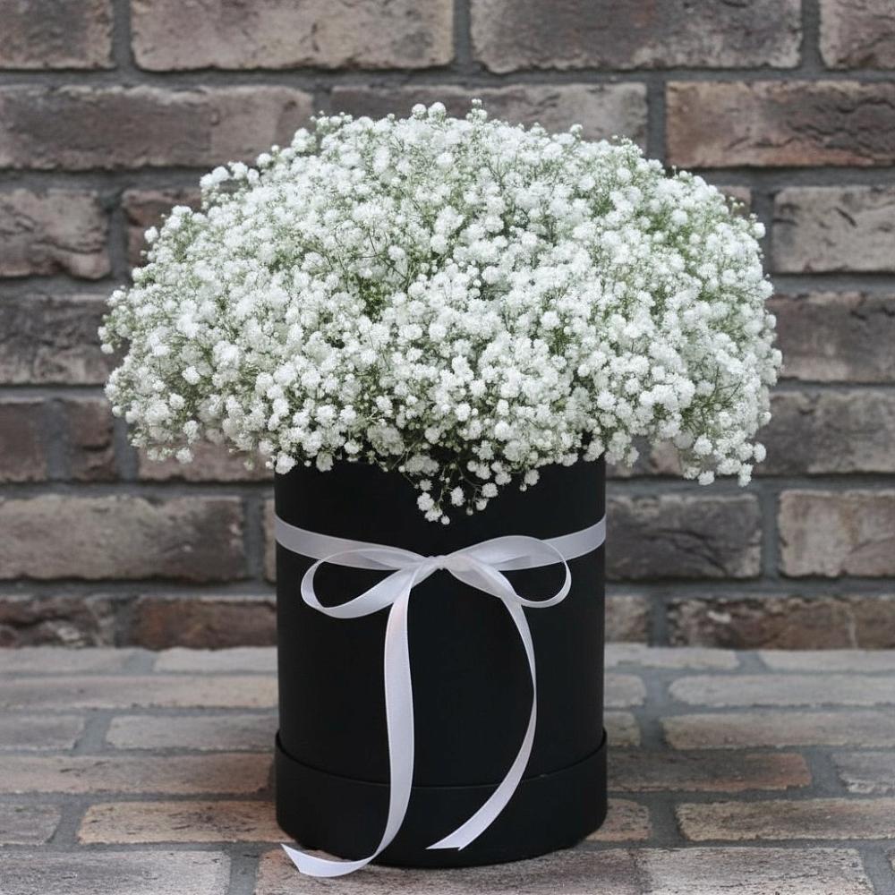 Цветочная композиция из Гипсофила в шляпной коробке в Ивантеевке